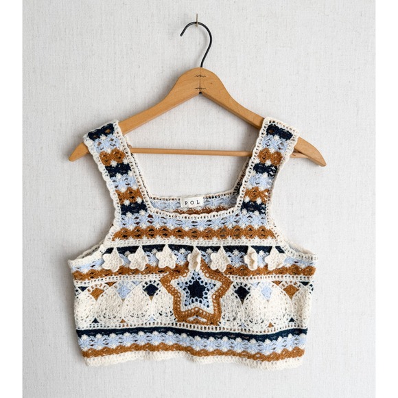 POL Tops - POL Crochet Crop Top Star Boho Festival Knit Tank‎ Cream Blue Tan Square Neck